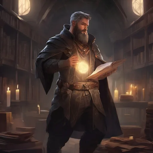 Prompt: (Full body) male stocky summoner with striped short hair and beard, casting a swirly light spell, in a dark library, pathfinder, d&d setting, in a realistic digital art style