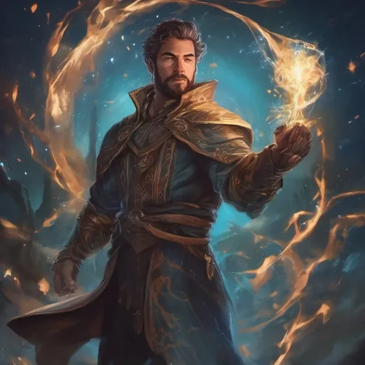 Prompt: (Full body) male stocky young muscular cleric with short-cut hair and a mustache, casting a swirly astral-spell, in nature at night pathfinder, d&d setting, in a realistic digital art style