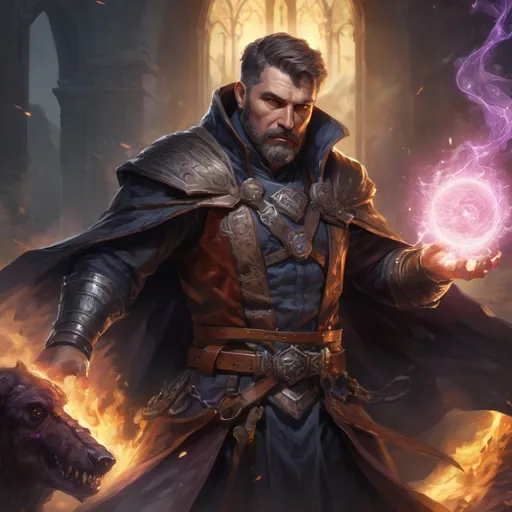 Prompt: (torso) Male stocky large mature sorcerer with short-cut hair and beard, engaged in combat casting a prismatic-spell in a battle field, pathfinder, d&d setting, in a realistic high quality digital art style, enhanced shadow quality