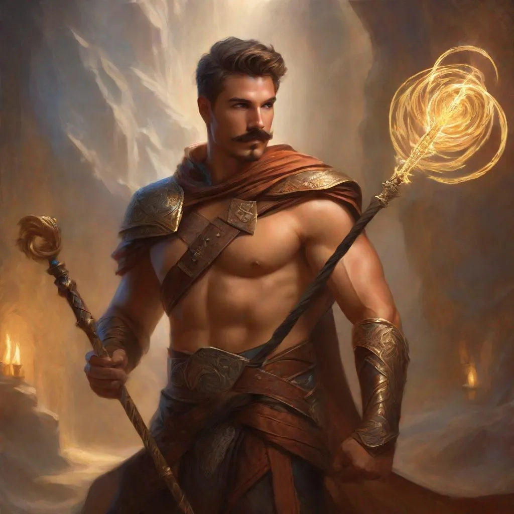 Prompt: (Full body) a male fighter with mustache and stubble short hair, handsome manly face, belt, boots, shoulder guards, bare hairy chest, holding magical staff swirly lights, standing in a otherwordly dimention, fantasy setting, dungeons & dragons, in a painted style realistic art