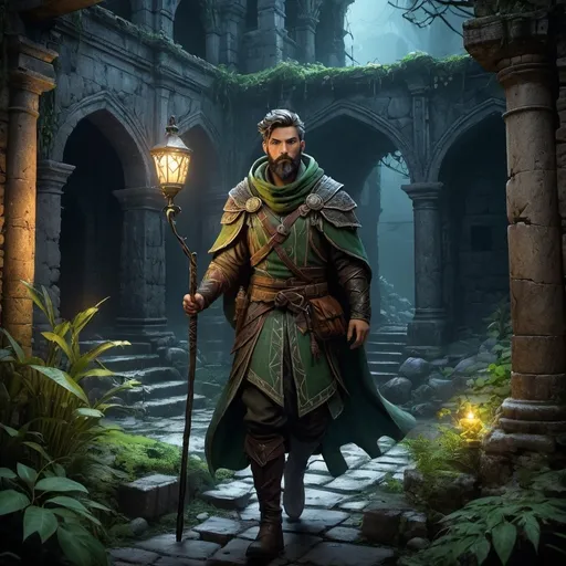 Prompt: (Full body) male druid with short hair and beard, holding a staff, exploring an abandoned town in the dark, pathfinder, d&d setting, in a drawn digital art style