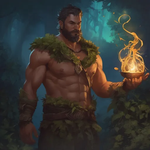 Prompt: (Full body) male stocky druid with short-cut hair and beard, no shirt on, hairy chest, casting a swirly nature-spell, in nature at night pathfinder, d&d setting, in a realistic digital art style