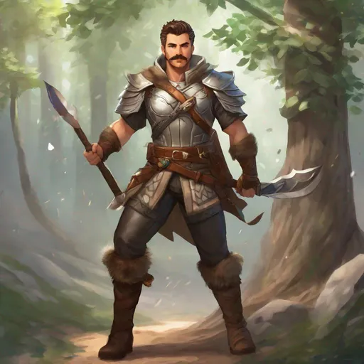 Prompt: (Fullbody) male ranger manly face short-cut hair with grey, mustache with stubble, no shirt, heavy belt , swirly magic, brown boots, pathfinder, dungeons and dragons, forest holding a weapon, in a painted style realistic