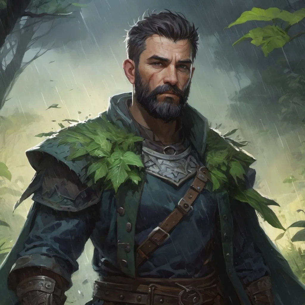 Prompt: Male stocky heavy-set druid with short-cut hair and beard, in a thicket battlefield in a heavy rainstorm, pathfinder, d&d setting, enhanced shadow quality, colorful