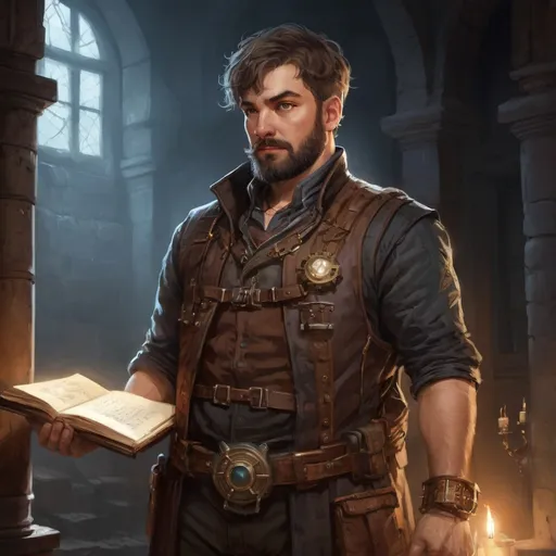 Prompt: Male stocky heavy-set steampunk engineer with short-cut hair and beard, big belly, inside a temple dungeon at night, pathfinder, d&d setting, in a realistic high quality digital art style, enhanced shadow quality