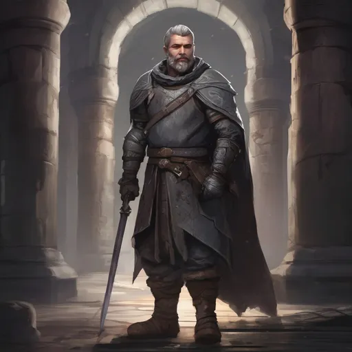 Prompt: (Full body) male stocky knight with grey short-cut hair and beard, in a dark underground dungeon temple, pathfinder, d&d setting, in a realistic digital art style