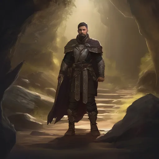 Prompt: (Full body) male handsome large muscular magical cleric with short hair and beard, outside of a cave by a forest at night, pathfinder, d&d setting, in a realistic high quality digital art style