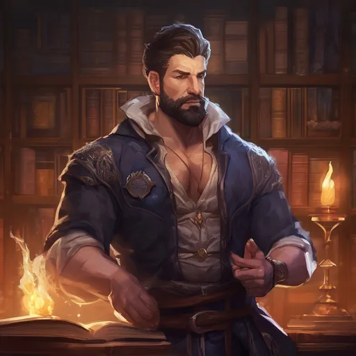 Prompt: (Full body) male stocky muscular big-chested young warlock with striped short hair and beard, hairy chest, casting swirly bright spell, in a dark library, pathfinder, d&d setting, in a realistic high quality digital art style