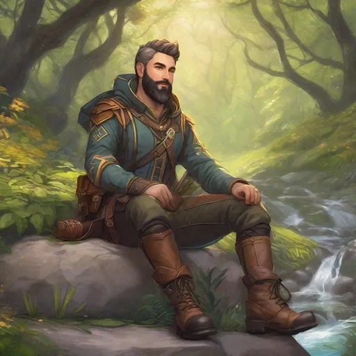Prompt: A male artificer with short hair and beard, in nature, boots, pathfinder, in a detailed realistic digital art style