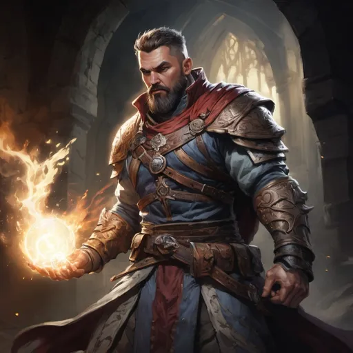 Prompt: Male stocky muscular fat battle-mage with short-cut hair and beard, engaged in combat casting a white-light spell inside of a dark dungeon, pathfinder, d&d setting, in a realistic high quality digital art style, enhanced shadow quality, colorful