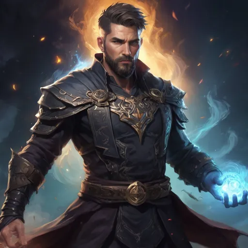 Prompt: (head and torso) Male heavy-set fit 30-year old hunky sorcerer with short-cut hair and beard, holding magic-spell, in a windy nature at night, pathfinder, d&d setting, enhanced shadow quality