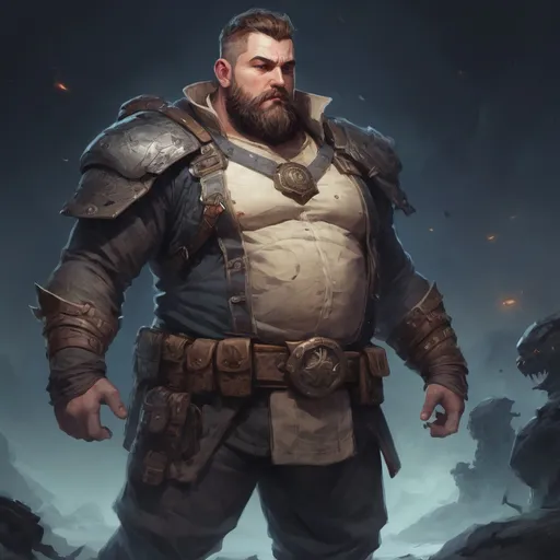 Prompt: male stocky large fat transmuter with short hair and beard, big belly broad shoulders, in a battle field at night, pathfinder, d&d setting, in a realistic high quality digital art style