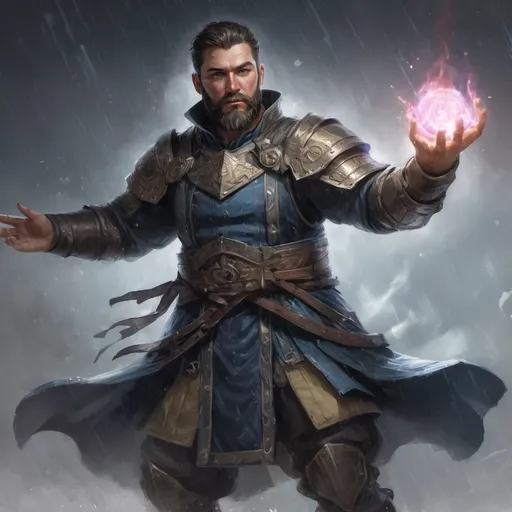 Prompt: Male stocky heavy-set large armoured cleric with short-cut hair and beard, casting a magical spell out of hands, on a battlefield in the rain, pathfinder, d&d setting, in a realistic high quality digital art style, enhanced shadow quality