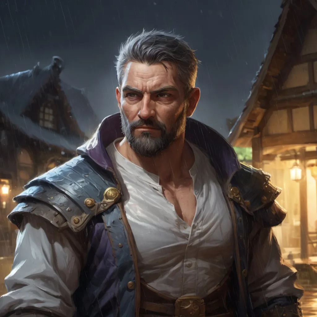 Prompt: Male stocky Muscular large mature paladin with short-cut hair and beard, open shirt, outside of a small fantasy village in the rain at night, pathfinder, d&d setting, in a realistic high quality digital art style, enhanced shadow quality, colorful