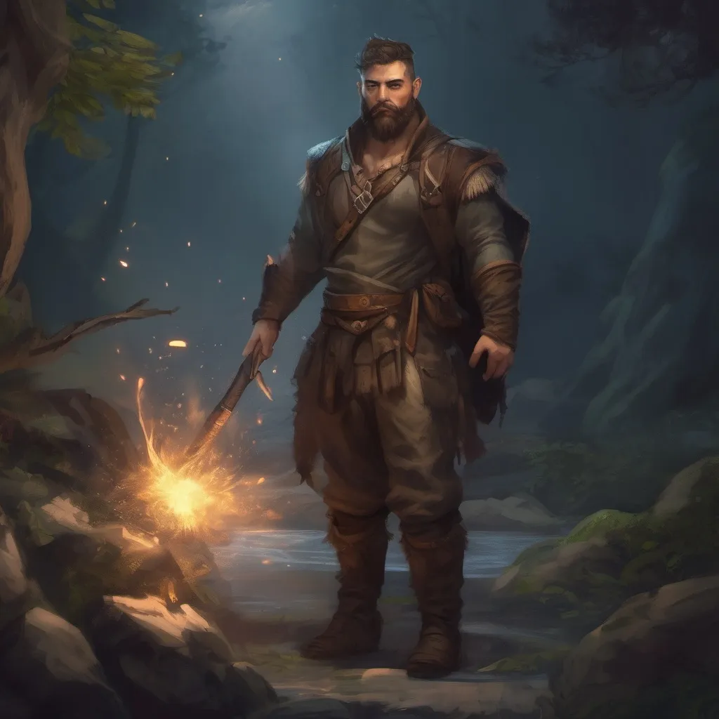 Prompt: (Full body) male stocky ranger with short-cut hair and beard, no shirt on, hairy chest, casting a swirly nature-spell, in nature at night pathfinder, d&d setting, in a realistic digital art style