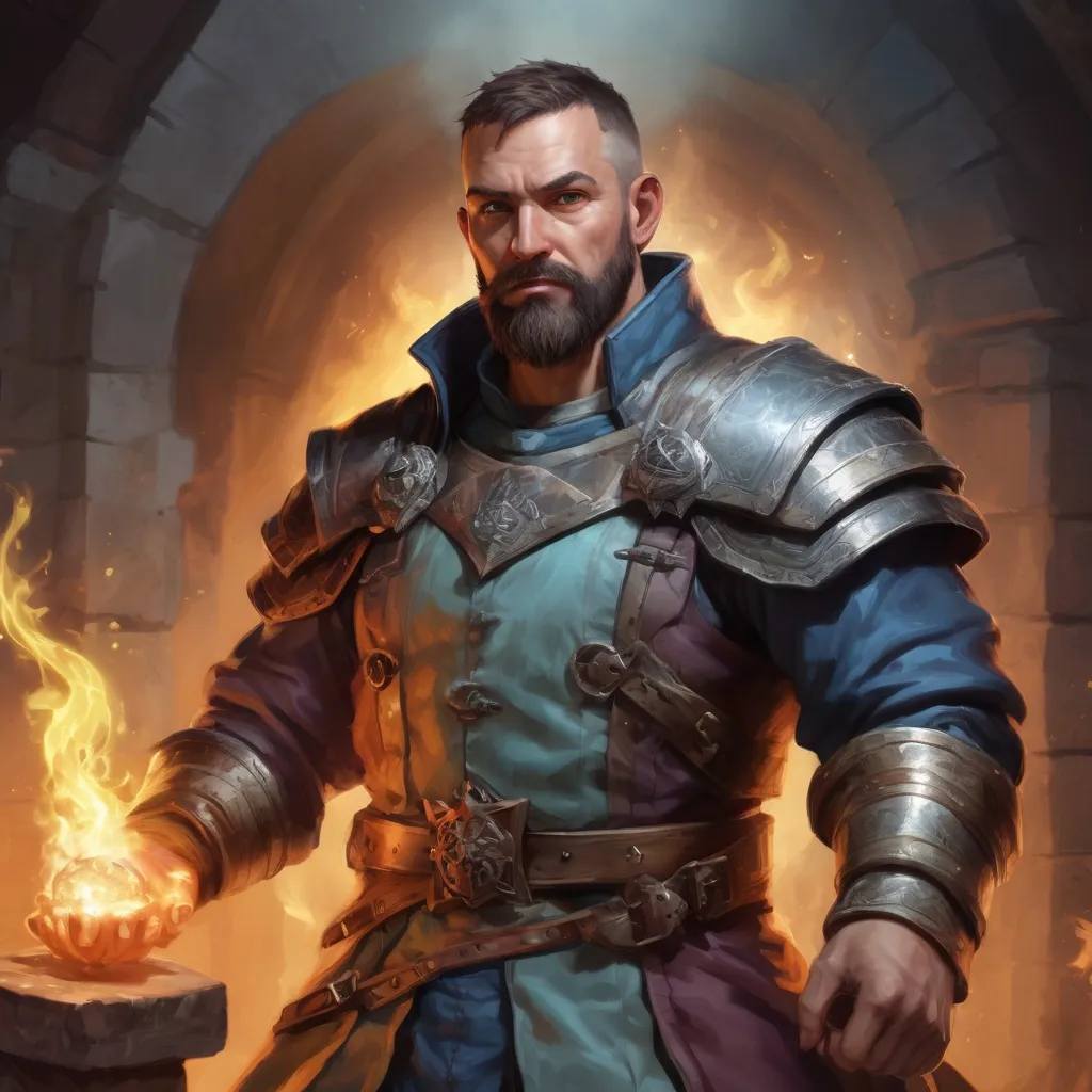 Prompt: (torso) Male stocky large mature cleric with short-cut hair and beard, engaged in combat casting a prismatic-spell inside a dungeon, pathfinder, d&d setting, in a realistic high quality digital art style, enhanced shadow quality