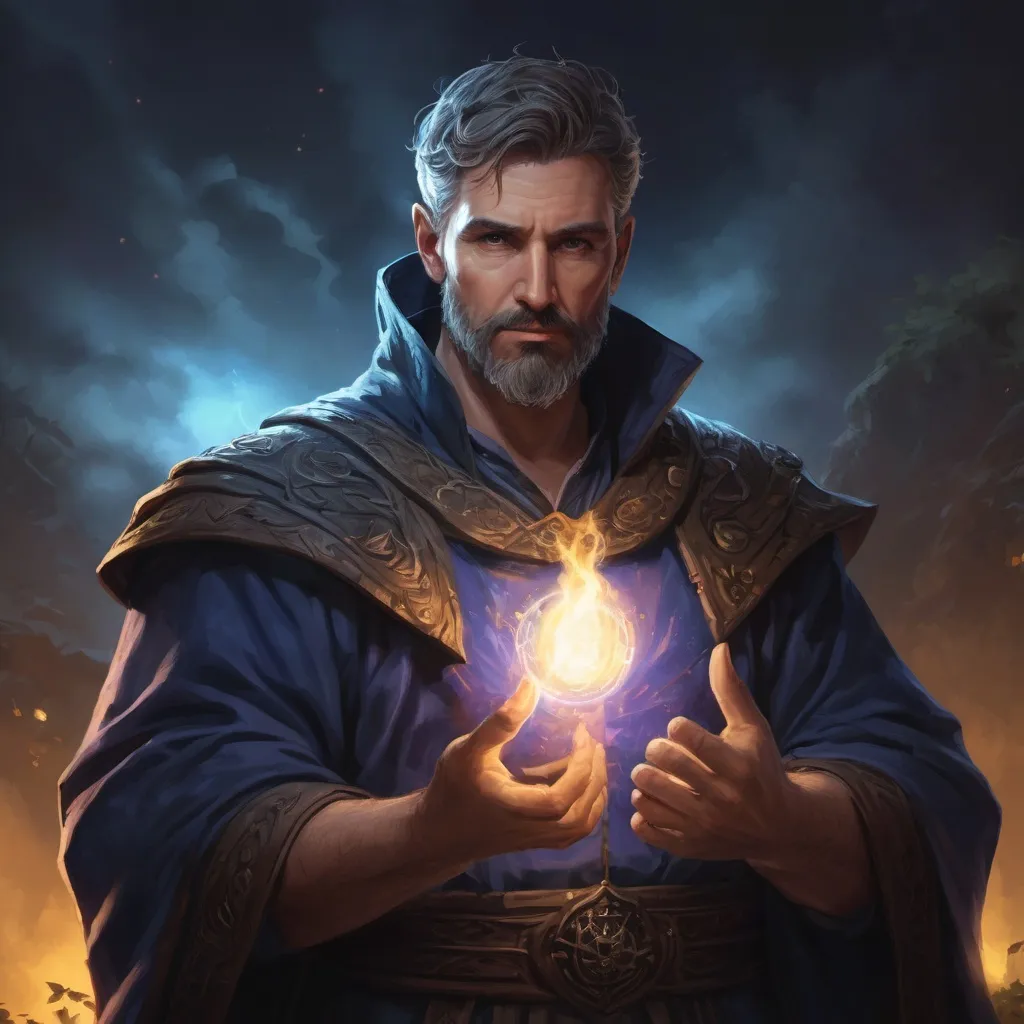 Prompt: male stocky big-chested mature sorcerer with short hair and beard, casting bright spell, in nature at night, pathfinder, d&d setting, in a realistic digital art style, enchanced shadow