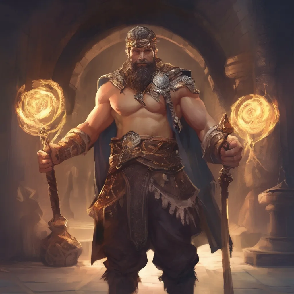 Prompt: (Full body) male stocky big arcane-sorcerer with short-cut hair and beard, holding magic staff with swirly lights, no shirt on, very-hairy chest, in a dark underground dungeon temple, pathfinder, d&d setting, in a realistic digital art style