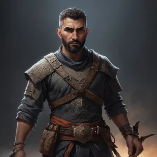 Prompt: Male stocky large mature morracan fighter with short-cut hair and beard, in a dark field, pathfinder, d&d setting, in a realistic high quality digital art style, enhanced shadow quality, colorful