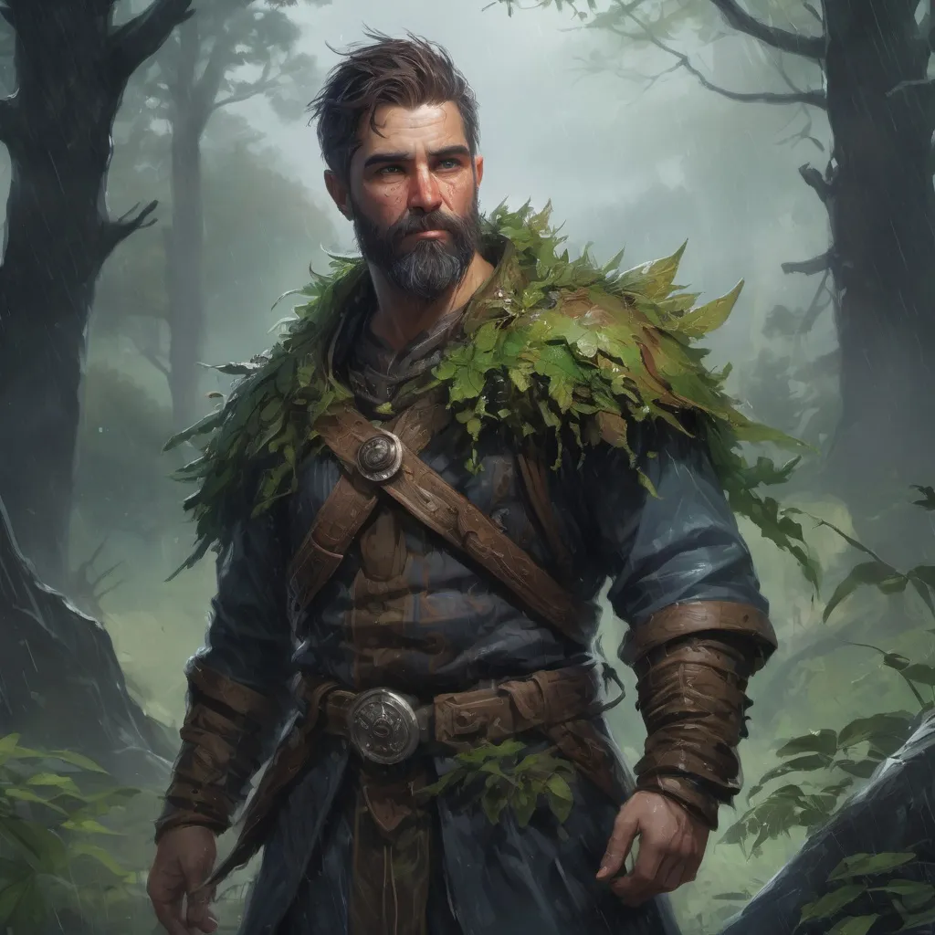 Prompt: Male stocky heavy-set astral-druid with short-cut hair and beard, in a thicket battlefield in a rainstorm, pathfinder, d&d setting, in a realistic high quality digital art style, enhanced shadow quality, colorful