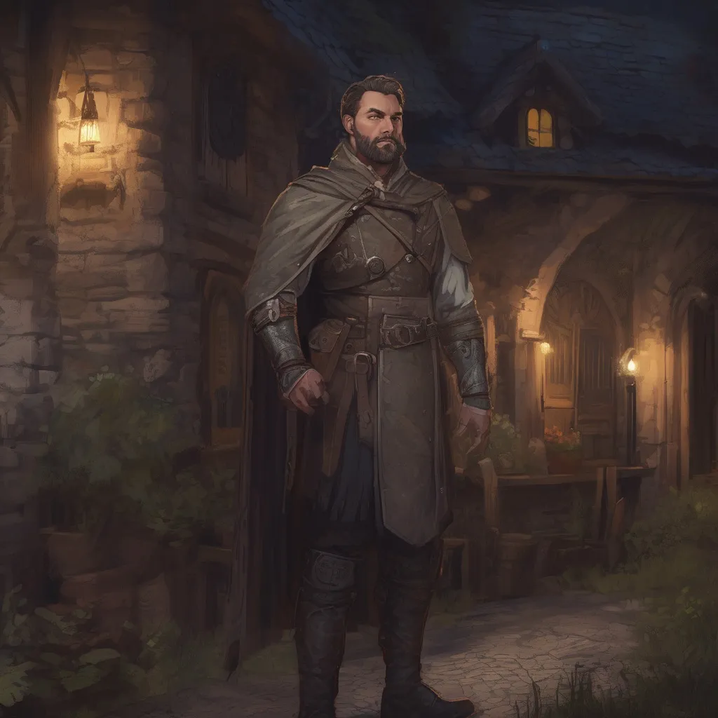 Prompt: (Full body) male manly stocky noble royal guard with dark short-cut hair and beard, in small village at night, pathfinder, d&d setting, in a realistic digital art style