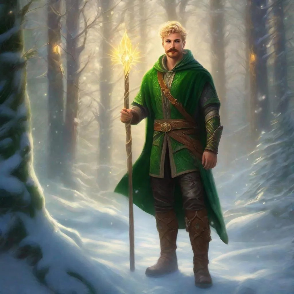 Prompt: (Full body) a male green druid with mustache and stubble short-cut blonde hair, handsome manly face, belt, boots, leather pants, holding magical staff, swirly lights, standing outside of a snowy forest, fantasy setting, dungeons & dragons, in a painted style realistic art