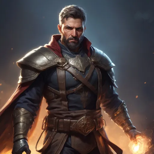Prompt: (torso) Male stocky large mature fit battle-mage with short-cut hair and beard, engaged in combat casting a light-spell in movement, pathfinder, d&d setting, realistic, enhanced shadow quality
