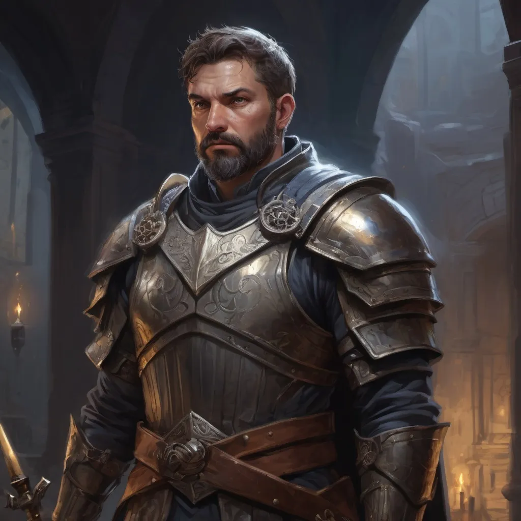 Prompt: Male stocky large mature knight with short-cut hair and beard, exploring a dark magic dimention, pathfinder, d&d setting, in a realistic high quality digital art style, enhanced shadow quality, colorful