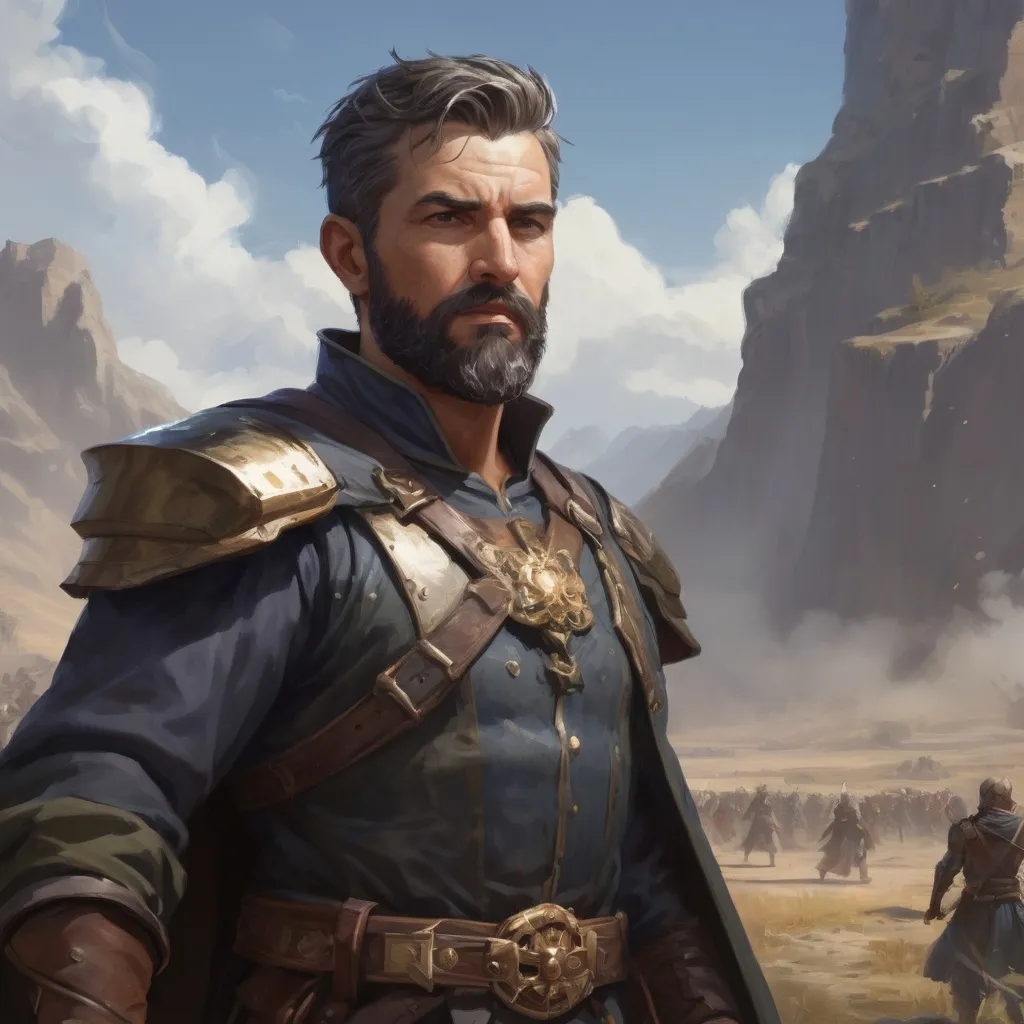 Prompt: Male heavy-set mature fit sorcerer with short-cut hair and beard, in a windy battlefield, pathfinder, d&d setting, enhanced shadow quality