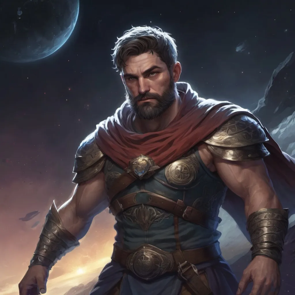 Prompt: Male stocky large mature greek fighter with short-cut hair and beard, exploring a dark astral plane, pathfinder, d&d setting, in a realistic high quality digital art style, enhanced shadow quality, colorful