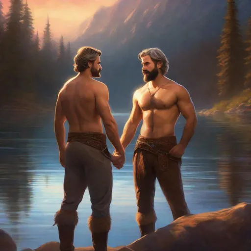 Prompt: (Fullbody) two adult male explorers manly face one with brown short-hair and beard other one with grey short-hair and mustache, both with no shirt and very hairy chest, fantasy setting, swirly magic light in the background, touching and each other, by a lake at nighttime, in a painted style, realistic