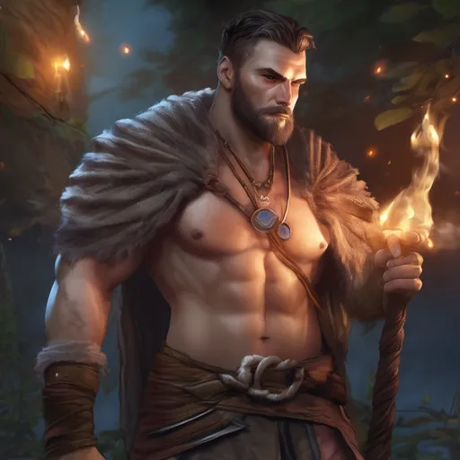 Prompt: (Full body) male stocky big-chested sorcerer with striped short hair and beard, no shirt on, hairy chest, casting swirly bright spell, in nature at night, pathfinder, d&d setting, in a realistic digital art style