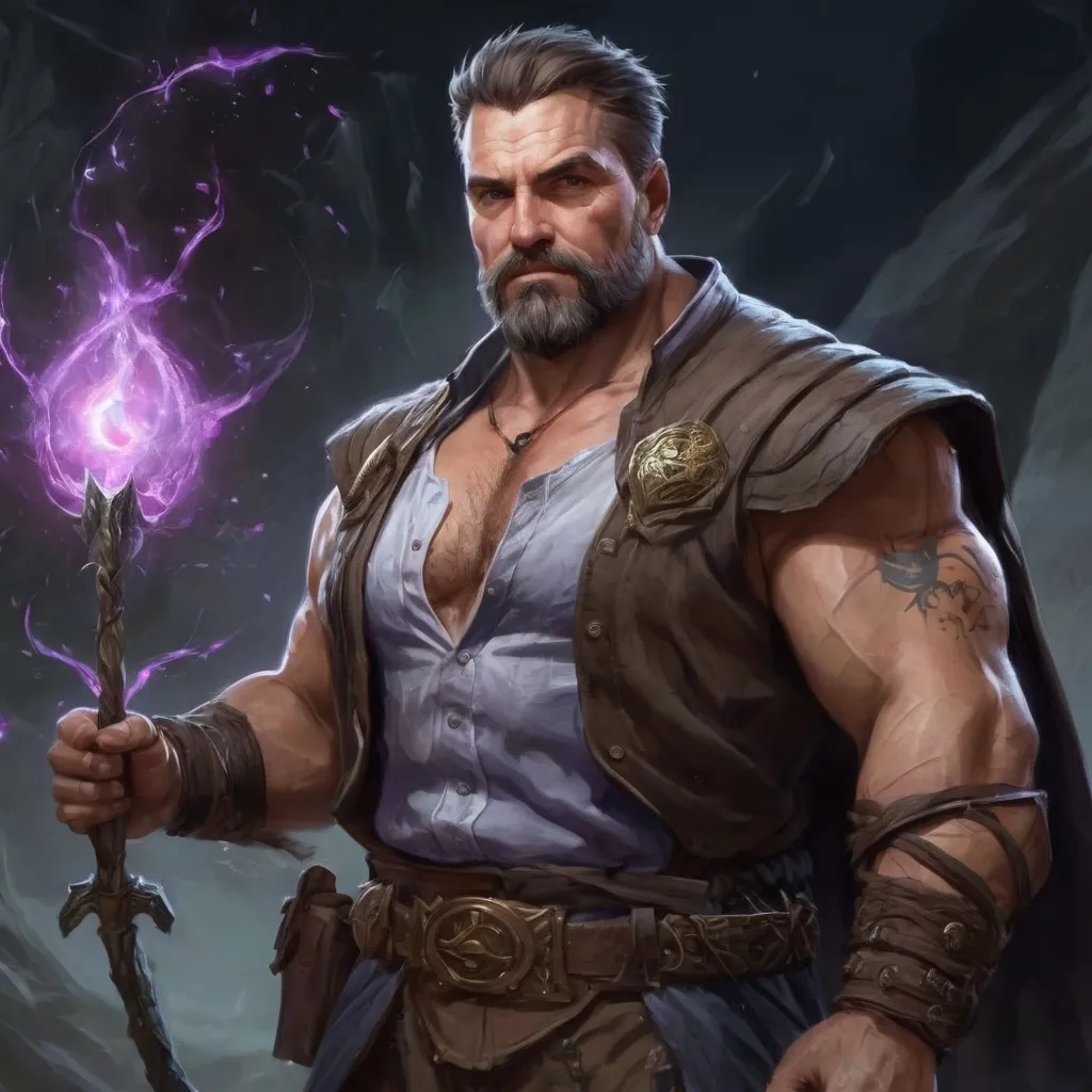 Prompt: (torso) Male stocky large fat beefy 45-year old enchanter with short-cut hair and beard, open shirt hairy chest, in combat casting a magic-spell out of hand in a windy valley at night, pathfinder, d&d setting, in a realistic high quality digital art style, enhanced shadow quality