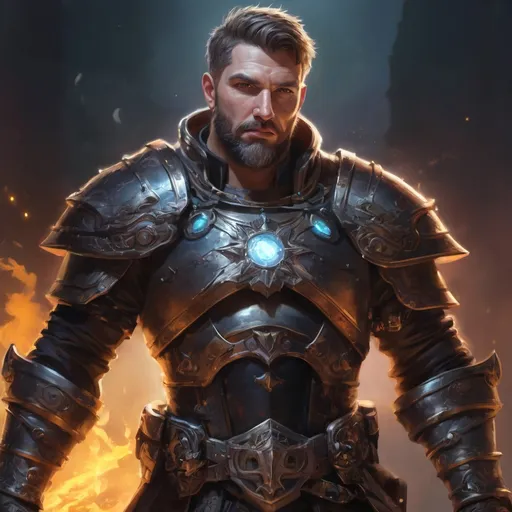 Prompt: (Torso) Male stocky large mature holy-paladin with short-cut hair and beard, exploring a dark magic dimention, surrounded by bright magic, pathfinder, d&d setting, in a realistic high quality digital art style, enhanced shadow quality, colorful