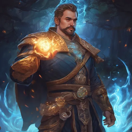 Prompt: (Full body) male stocky young muscular cleric with short-cut hair and a mustache, casting a swirly astral-spell, in nature at night pathfinder, d&d setting, in a realistic digital art style