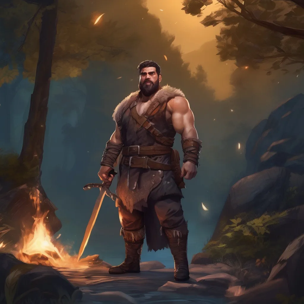 Prompt: (Full body) male stocky french barbarian with short hair and beard, big arms, in nature at night, pathfinder, d&d setting, in a realistic digital art style