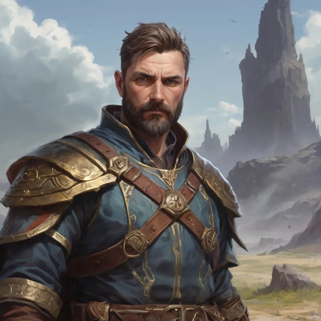 Prompt: Male heavy-set mature fit sorcerer with short-cut hair and beard, in a windy battlefield, pathfinder, d&d setting, enhanced shadow quality