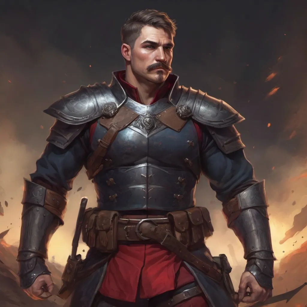 Prompt: (Full body) male stocky masculine manly hunky royal guard with short hair and mustache, hairy chest, in a dark battle field, pathfinder, d&d setting, in a realistic high quality digital art style