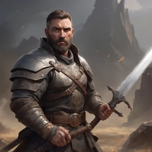 Prompt: Male stocky heavy-set mature muscular guardian with short-cut hair and beard, on a battlefield, in combat, holding a sword, pathfinder, d&d setting, realistic, enhanced shadow quality