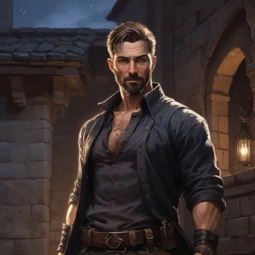 Prompt: (torso) Male heavy-set mature fit thief with short-cut hair and beard, climbing a wall of a mansion at night, windy, pathfinder, d&d setting, enhanced shadow quality