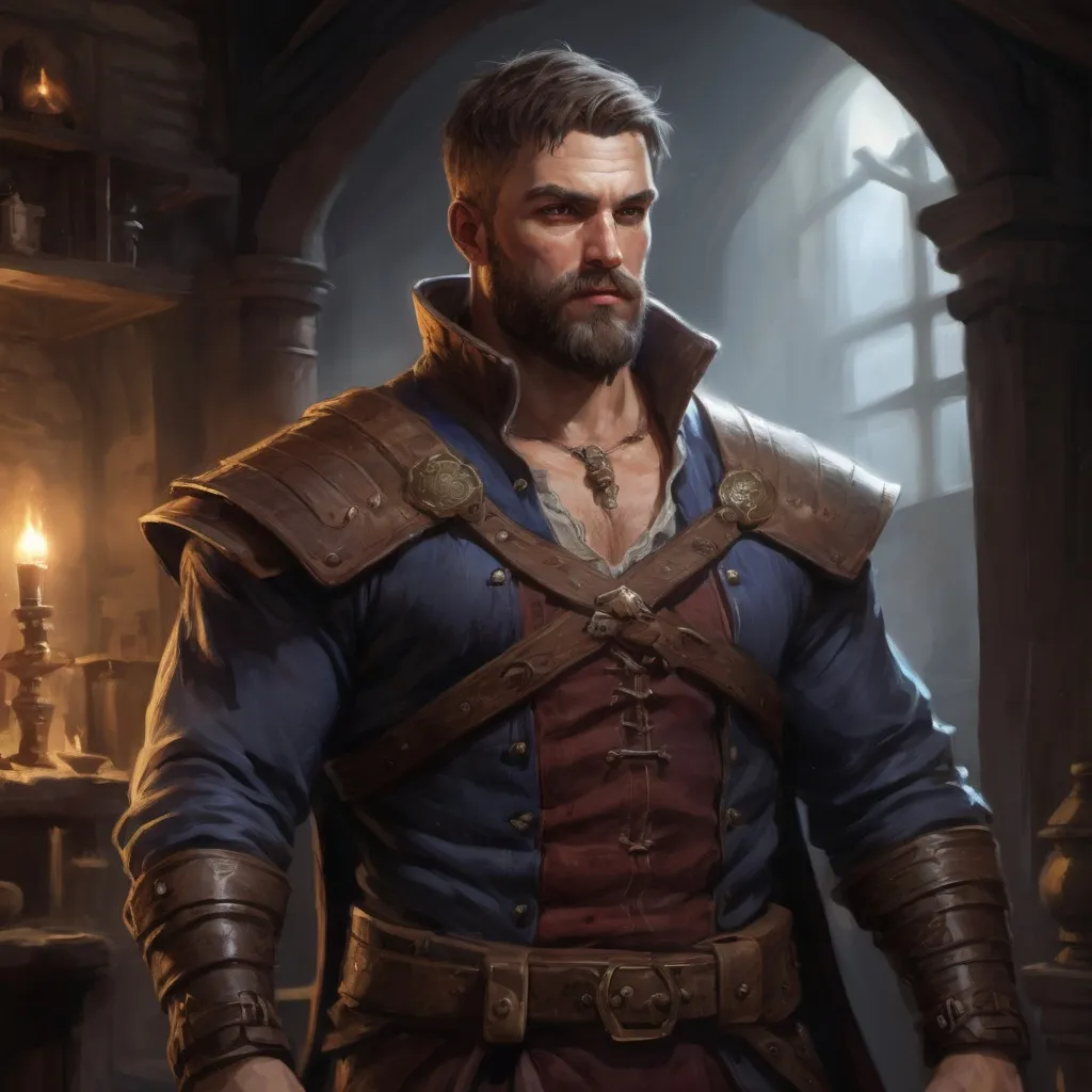 Prompt: Male stocky large muscular royal bard with short-cut hair and beard, exploring a dark tavern room, pathfinder, d&d setting, realistic, enhanced shadow quality