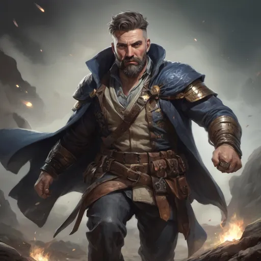 Prompt: Male stocky heavy-set mature illutionist with short-cut hair and beard, on a battlefield, in combat, casting a sage-spell, pathfinder, d&d setting, enhanced shadow quality, realistic