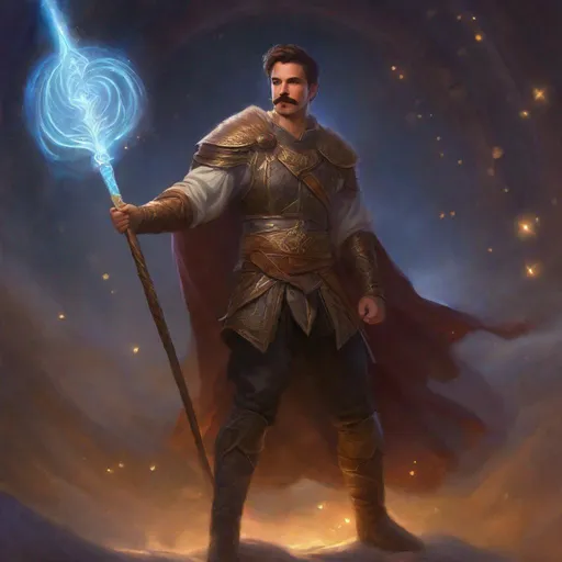 Prompt: (Full body) a male fighter with mustache and stubble short hair, handsome manly face, belt, boots, shoulder guards, bare hairy chest, holding magical staff swirly lights, standing in a otherwordly dimention, fantasy setting, dungeons & dragons, in a painted style realistic art