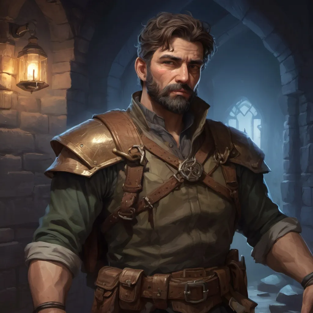 Prompt: Male stocky mature treasure-hunter with short-cut hair and beard, inside of a dungeon at night, pathfinder, d&d setting, in a realistic high quality digital art style, enhanced shadow quality