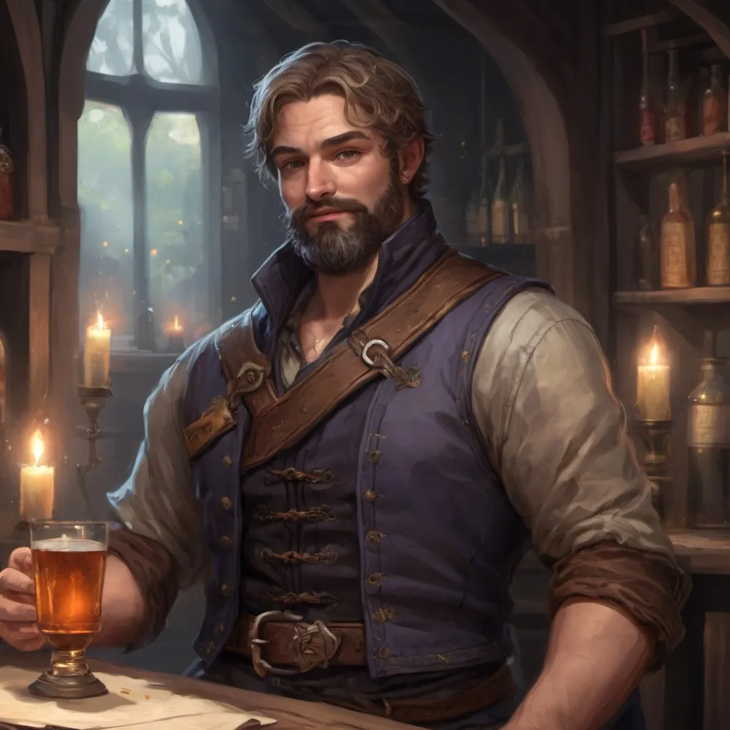 Prompt: (Full body) male stocky heavy flirty royal bard with short hair and beard, in a dark tavern, pathfinder, d&d setting, in a realistic high quality digital art style