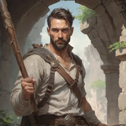 Prompt: Male stocky fit 35-year old druid with short-cut hair and beard, big pectorals, handsome face, holding a magic staff in movement, standing in a fort, pathfinder, d&d setting, in a detailed digital artstyle((Norman Rockwell style))