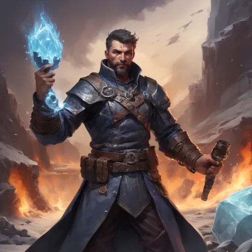 Prompt: Male stocky heavy-set mature arcane-alchemist with short-cut hair and beard, on a battlefield, in combat, holding a frostbomb, pathfinder, d&d setting, in a realistic high quality digital art style, enhanced shadow quality, colorful