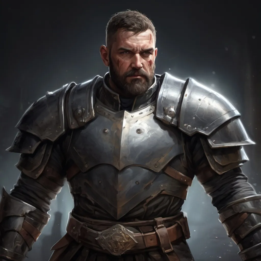 Prompt: (torso) Male stocky large mature knight with short-cut hair and beard, engaged in combat inside of a dark dungeon, pathfinder, d&d setting, in a realistic high quality digital art style, enhanced shadow quality