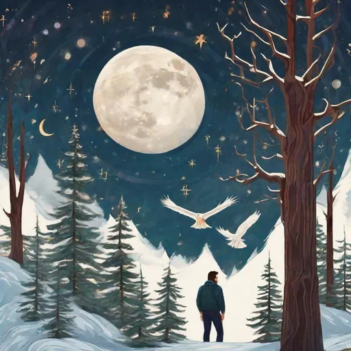 Prompt: A profile beautiful and colourful picture of a handsome man with brunette hair and a beard, is surrounded by Sitka Spruce trees, a falcon in flight, framed by the moon and constellations, in a painted style