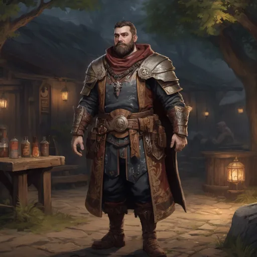 Prompt: (Full body) male handsome large stocky warpriest with short-cut hair and beard, outside of a tavern by a forest at night, pathfinder, d&d setting, in a realistic high quality digital art style